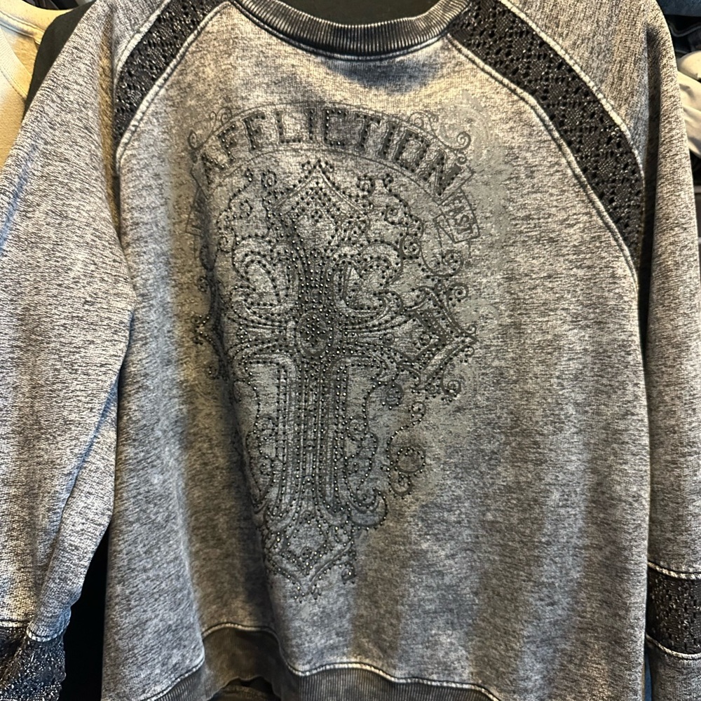 Affliction Heather Gray Pullover with Black Detailing